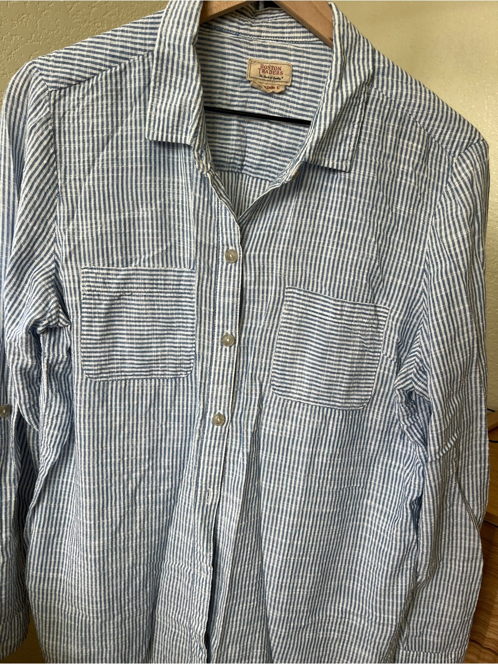Boston Traders Blue and White Striped Casual Button-Down Shirt